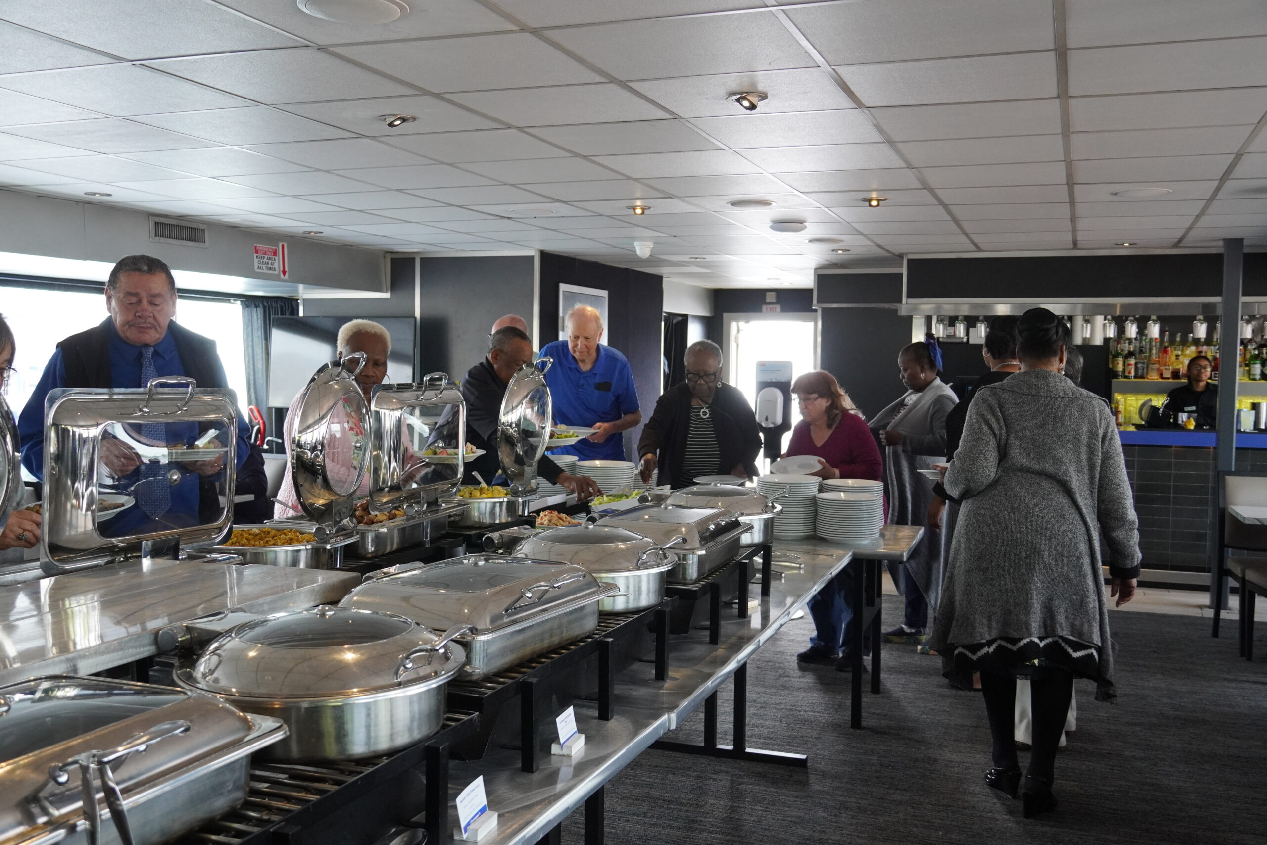 group of volunteers getting lunch