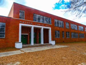 Photo of Hayden Village Center with original "Hayden Junior High" Lettering intact