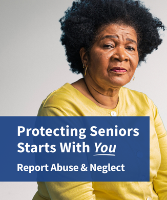 Older woman with afro sitting in front of gray space. "Protecting Seniors Starts with You"