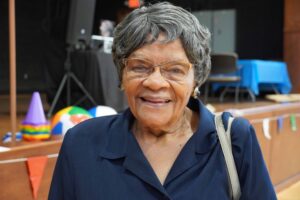 photo of Lizzie Scott at the current Hayden Village Center's gymnasium for the Senior Games