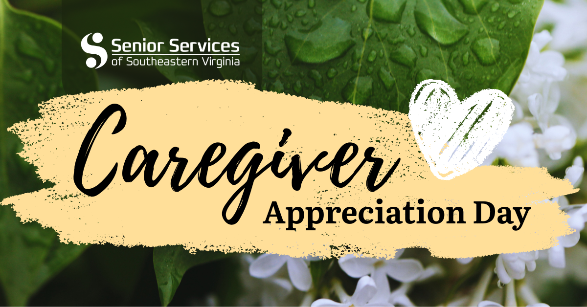 Caregiver Appreciation Day Header image with wet leaves and white flowers in background