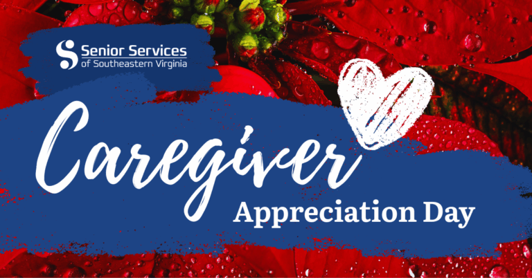 Caregiver Appreciation Day Header image with wet poinsettia plant leaves