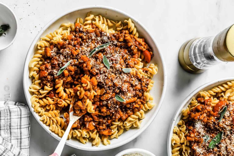 lentil-bolognese sauce over rotini noodles